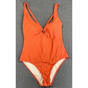 Kona Sol One Piece Swimsuit Women XL Orange Ribbed Ring Front V Neck Summer Swim